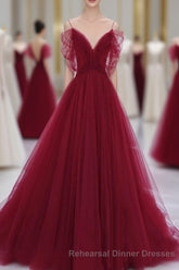 Wine Red Tulle V-Neckline Off Shoulder With Bow, Wine Red Tulle Long Semi Formal Prom Dress
